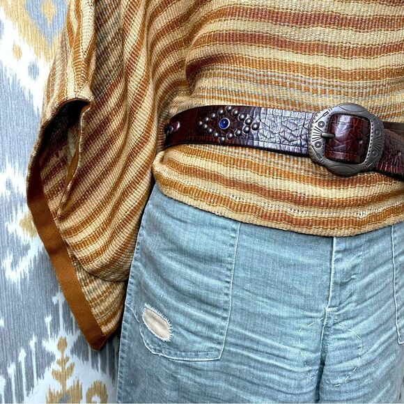 Ralph Lauren Southwestern Blanket Stitch Leather Laced Feather Trimmed Poncho - Picture 2 of 16